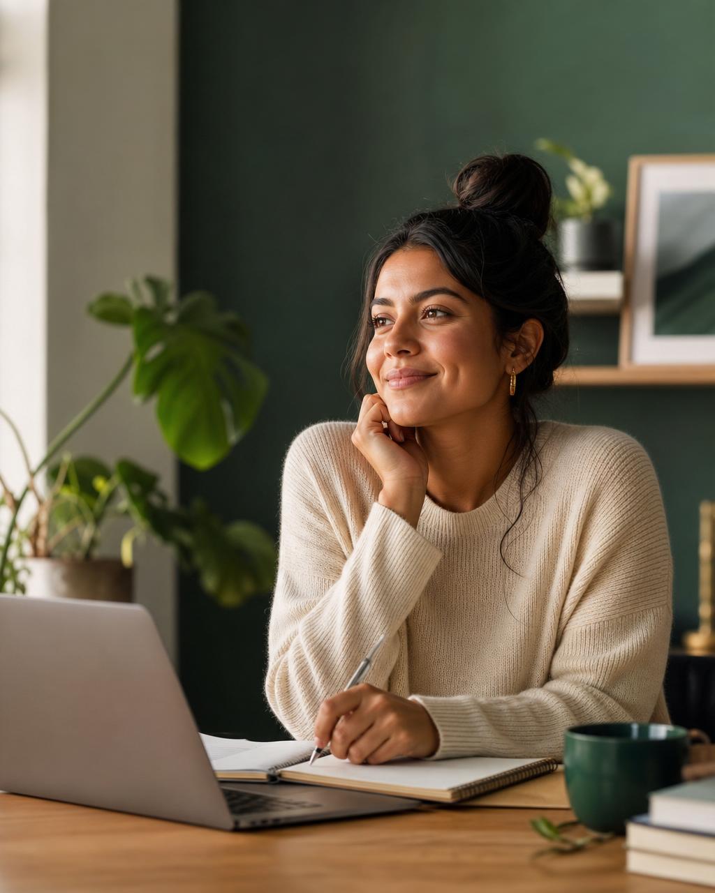 Mujer latina estudiando feliz con su laptop en un escritorio